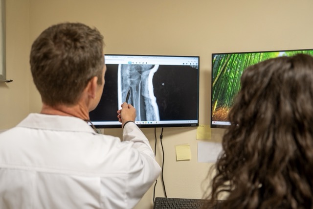 doctor and patient looking at knee scan